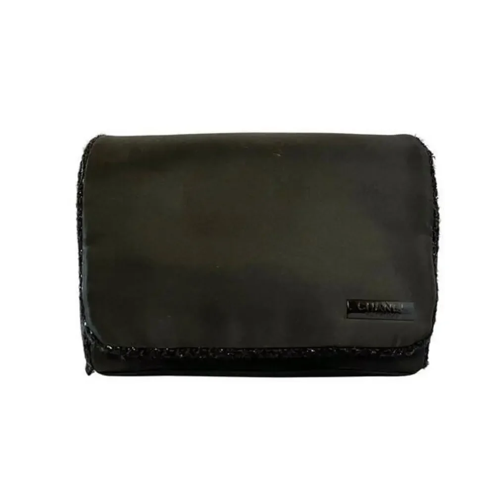 Chanel Parfums Black Satin Faux Tweed Travel Toiletry Bag Makeup Pouch